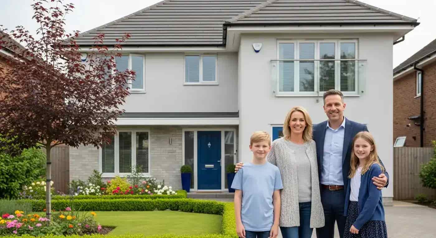 Happy UK family outside their new home