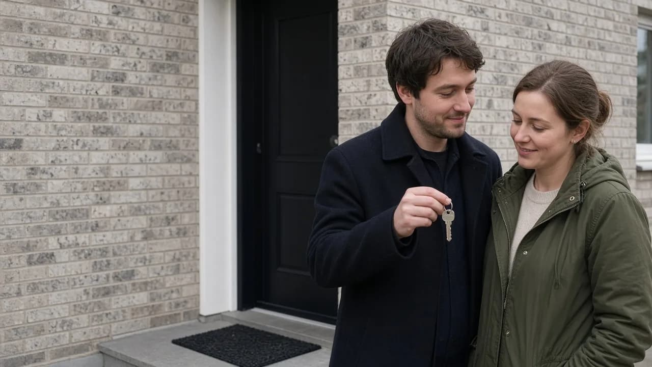 Two adults on the doorstep of a modest UK home, holding a key. Illustrative scene, not clients.