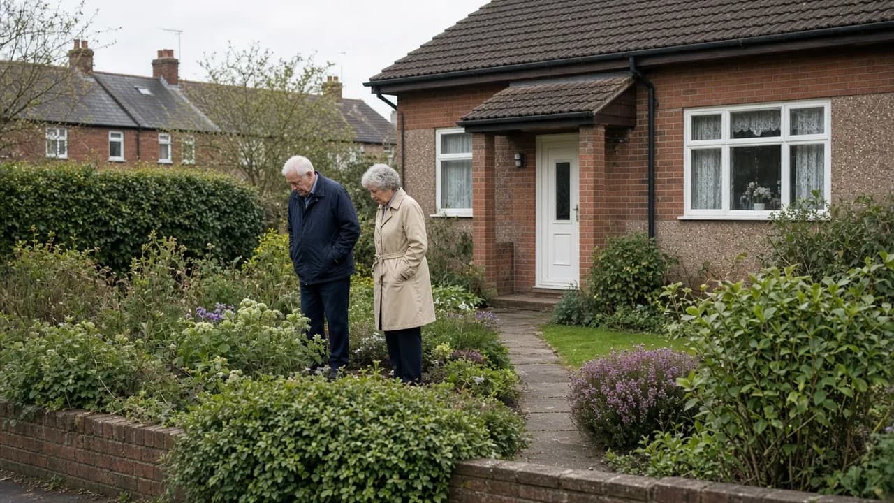 A later-life UK home with older adults in the garden. Illustrative, not clients.