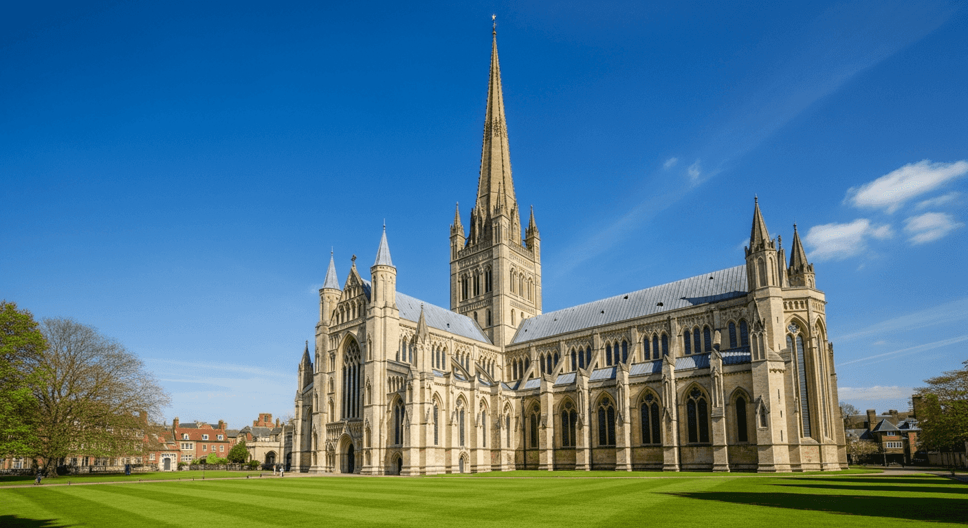 Norwich Cathedral spire and historic architecture in Norfolk
