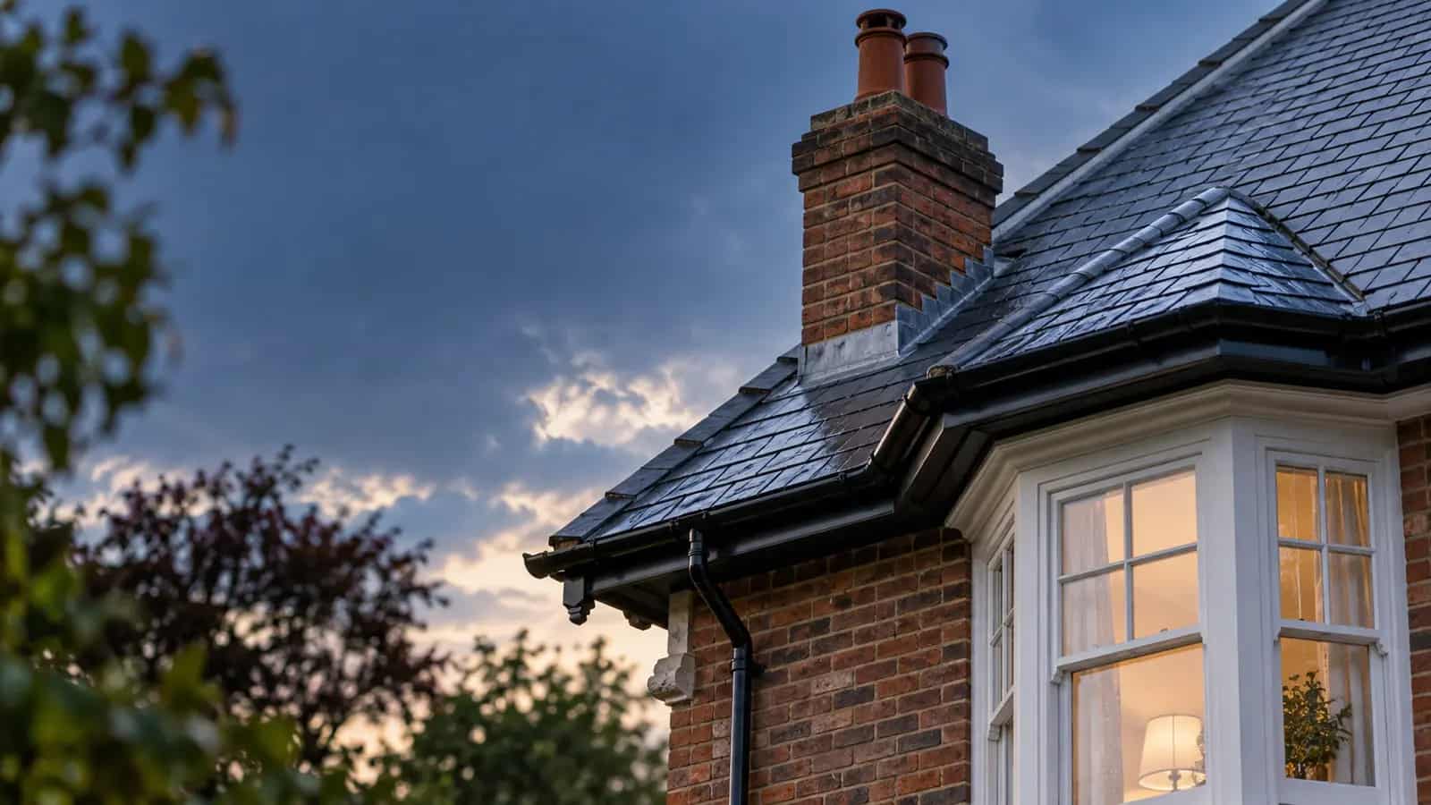 Slate roof, chimney and guttering on a British home