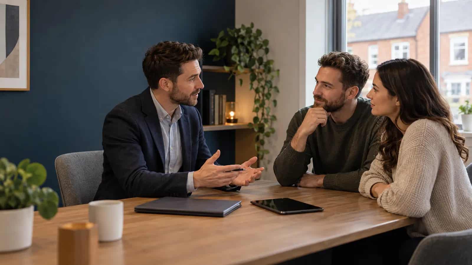 Mortgage adviser speaking with two applicants