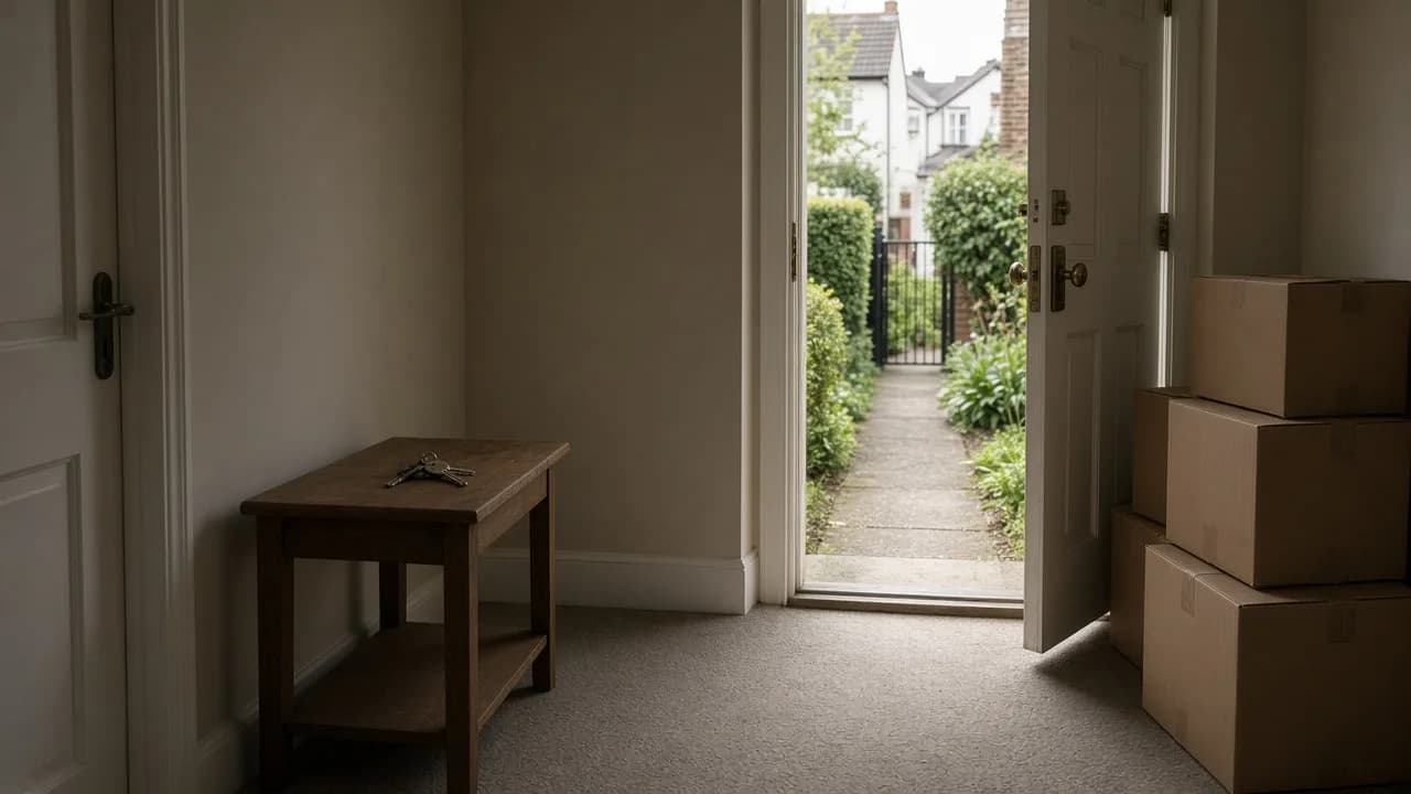 Moving boxes and keys in a normal UK home. Illustrative, not a client photograph.
