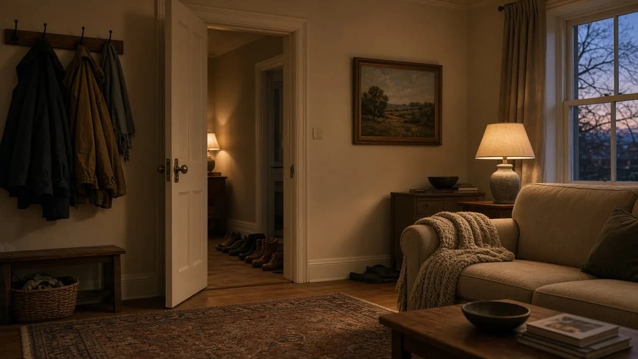 A lived-in UK home at dusk. Illustrative, not a client household.