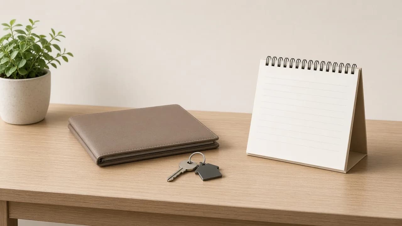 Household documents and keys on a table. Not a medical scene and not a client.