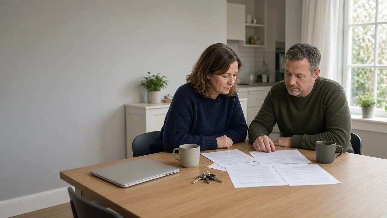 Homeowners reviewing mortgage paperwork at a kitchen table. Synthetic scene, not a client.