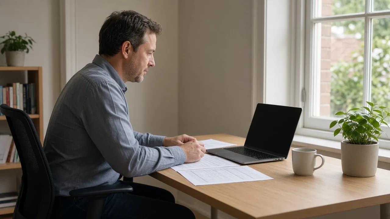 Self-employed professional reviewing accounts in a UK home office. Not a named client.